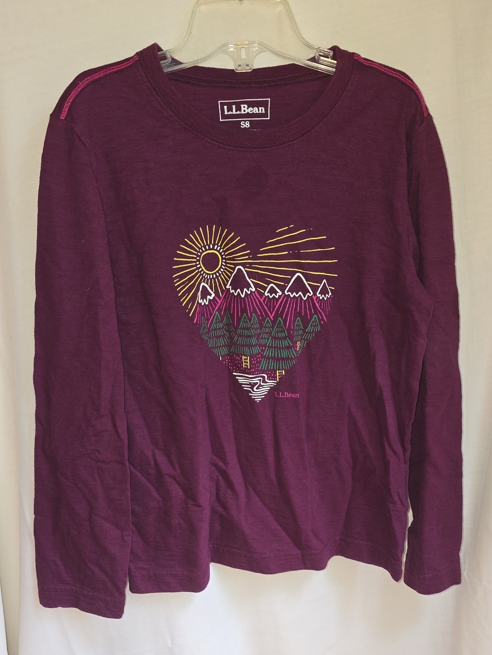 L.L. Bean Long-Sleeve Heart Mountain Tee - Plum with Yellow & Green Graphic